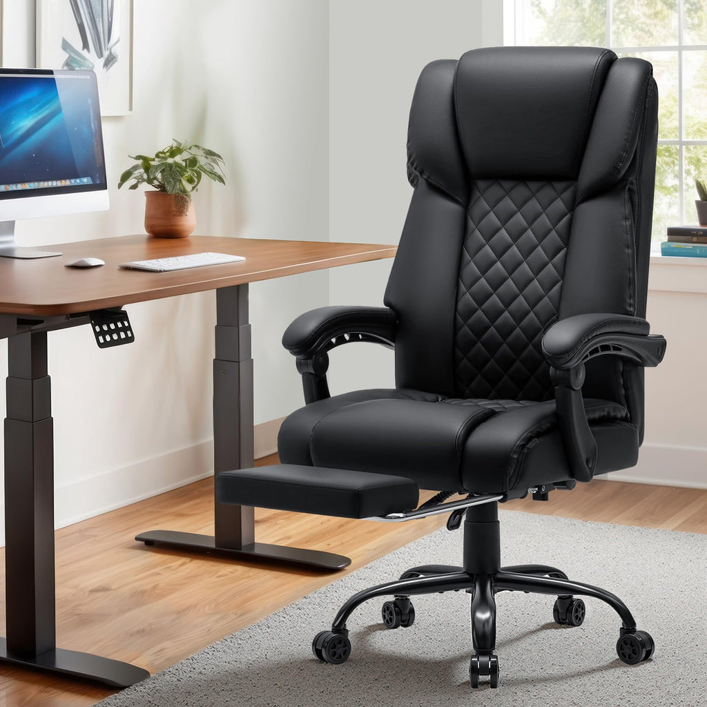 Ergonomischer Bürostuhl mit Massage- und Heizfunktion, schwarzer Chefsessel bis 200 kg mit Fußstütze und 135° neigbarer Rückenlehne