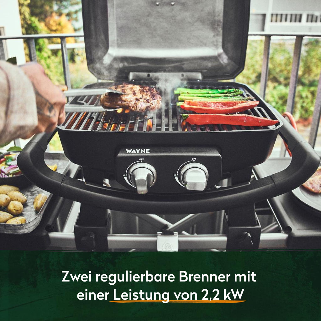 Tragbarer Gasgrill Wayne mit 2 Brennern, 4,4 kW, Aludruckguss, Gusseisenrosten und Abdeckhaube