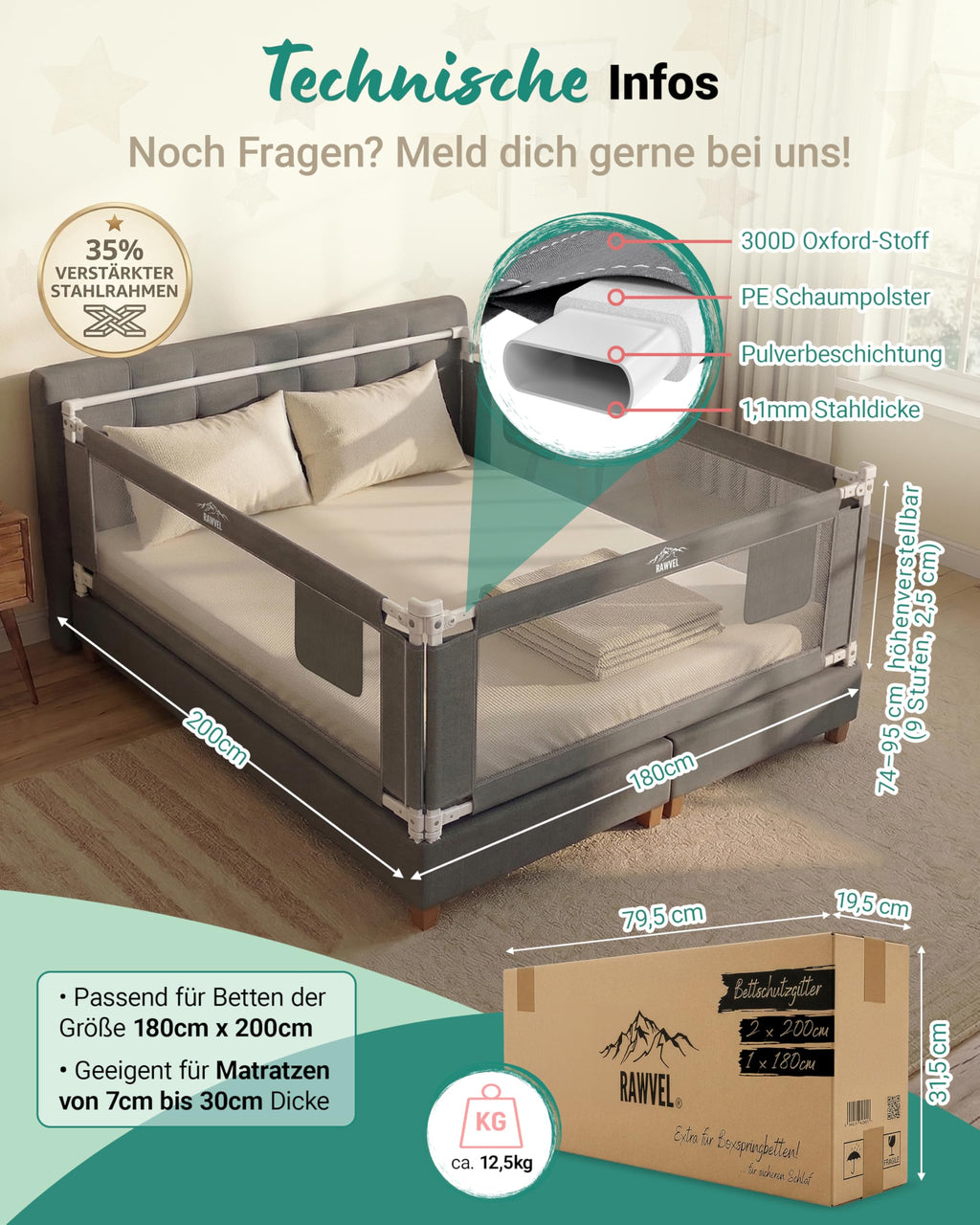 Bettgitter Rausfallschutz für Boxspringbett 180x200 cm, 3-Seiten-Komplettset mit Stange, höhenverstellbar 74-95 cm, grau