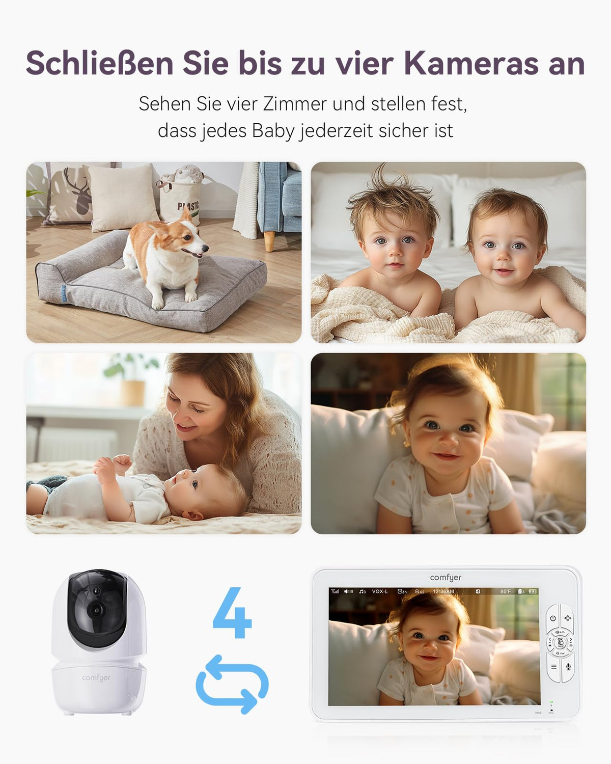 Babyphone mit 2 Kameras und 7"""" HD-Display, Split-Screen-Überwachung ohne WLAN, 6000mAh Akku, Nachtsicht und VOX-Modus