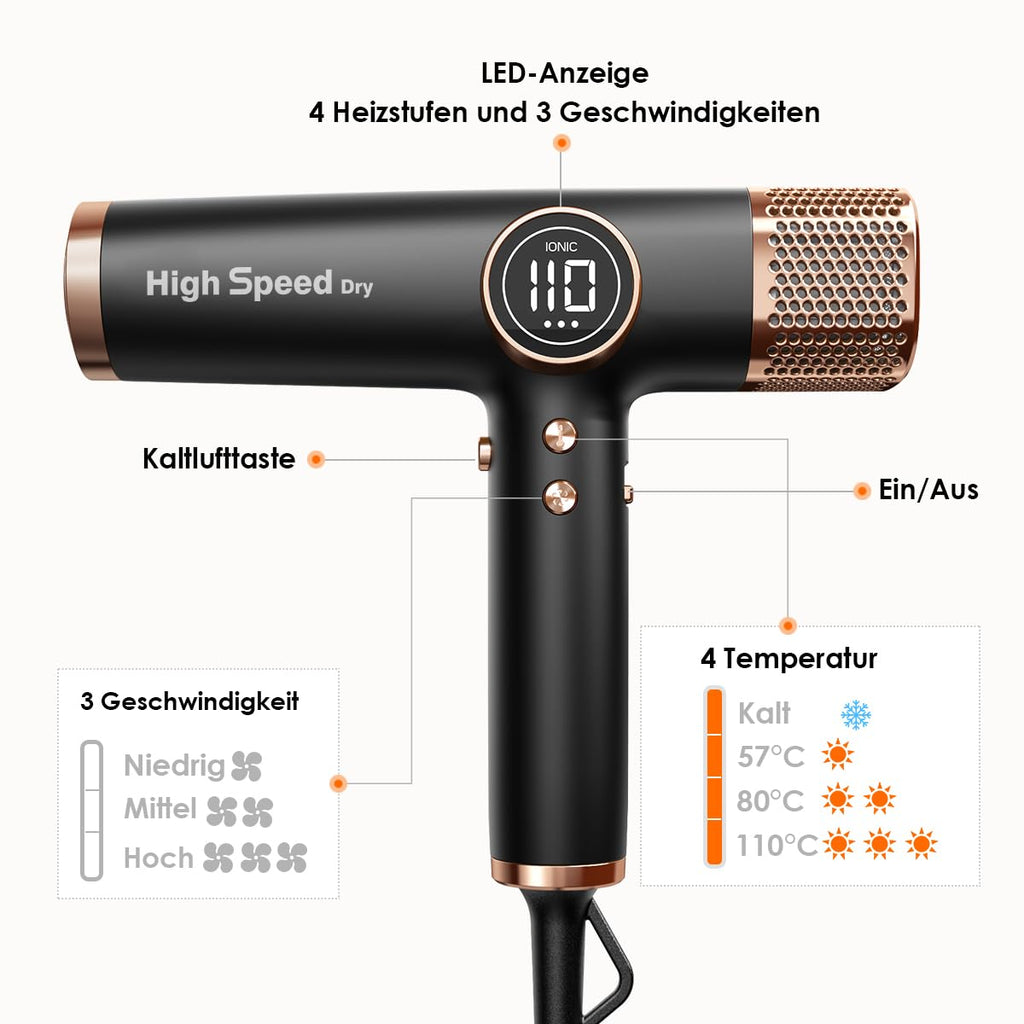 Haartrockner mit bürstenlosem 110.000-RPM-Motor, 1800 W, 330 g, Ionentechnologie, 12 Modi, LED-Display und 3 magnetischen Düsen in Schwarz-Gold