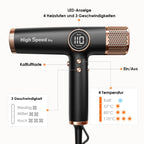 Haartrockner mit bürstenlosem 110.000-RPM-Motor, 1800 W, 330 g, Ionentechnologie, 12 Modi, LED-Display und 3 magnetischen Düsen in Schwarz-Gold
