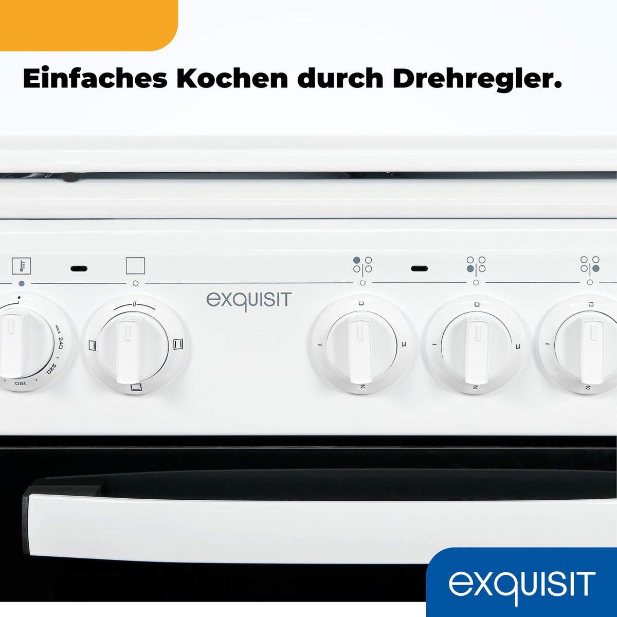 Freistehender Elektroherd EH9-3-090weiss, 50 cm breit, 48 l Backofen mit 4 Kochplatten und Energieklasse A, inkl. Grillrost und Backblech