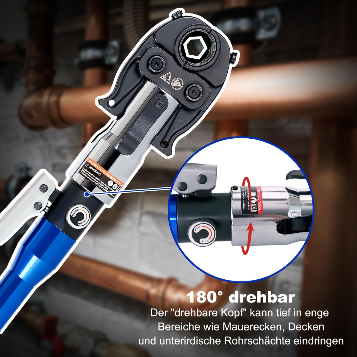 Hydraulische Presszange V- und TH-Kontur 8 t 180° drehbarer Kopf für Kupfer Edelstahl und Verbundrohre mit 8 Pressbacken