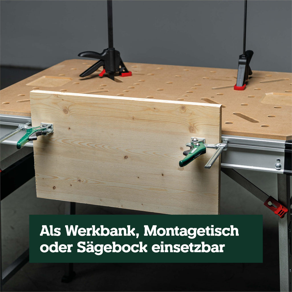 Multifunktionstisch MWB 100, klappbare Werkbank und Montagetisch mit 2 Einhandzwingen, 4 Bankhaken und 2 Eckverbindern