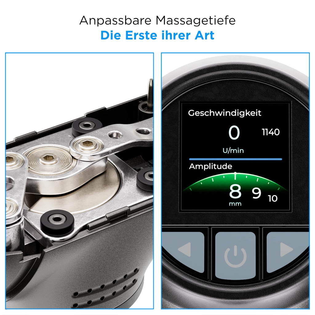 Massagepistole mit variabler Amplitude 8–12 mm und interaktiver App, 8 Aufsätzen und 4000 mAh Akku