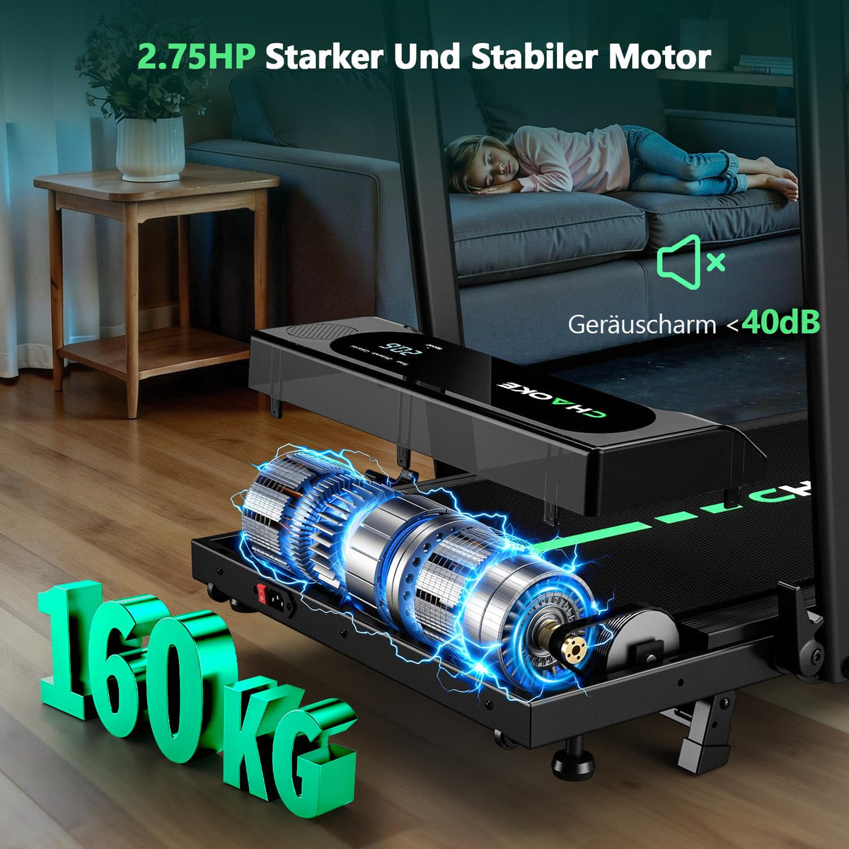 Klappbares Laufband für Zuhause bis 12 km/h mit 2,75 PS Motor und 9 % Steigung, leises Walking Pad mit App und Lautsprechern, bis 160 kg