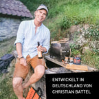 Faltbarer Camping Gasgrill aus Edelstahl, 3,3 kg, für EN 417 Schraubkartuschen