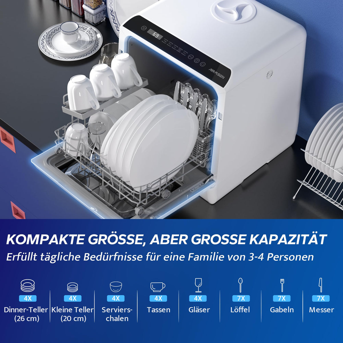 Tischgeschirrspüler mit 5+1 Programmen, 5-L-Wassertank und 360°-Reinigung, 45,8 cm breit
