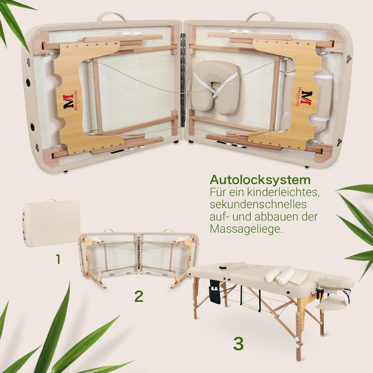 Mobile Massageliege klappbar und höhenverstellbar, extra breit 71 cm, aus Vollholz mit Kopfstütze, Armlehne und Zubehör, Creme
