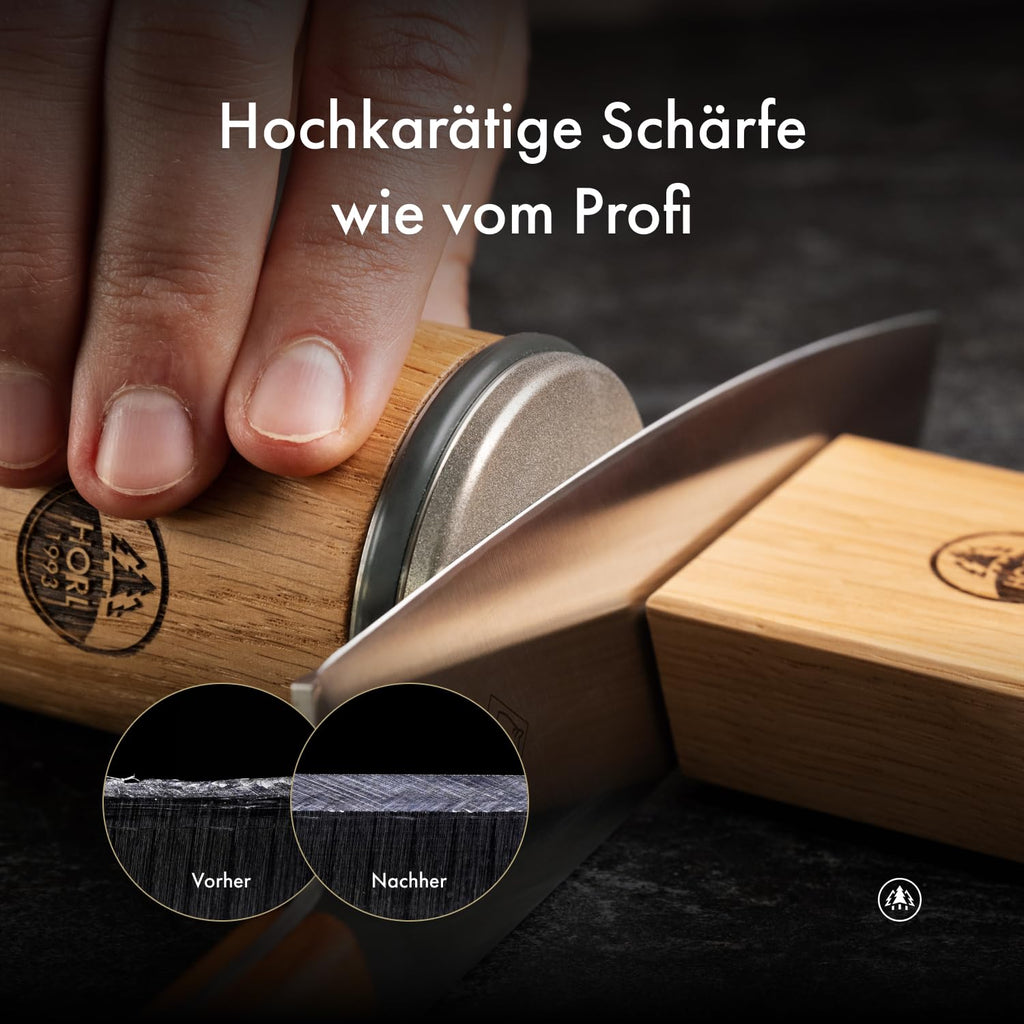 Rollschleifer Messerschärfer aus Eiche mit Diamant- und Keramikscheibe, magnetischer Schleiflehre sowie 15°- und 20°-Winkel