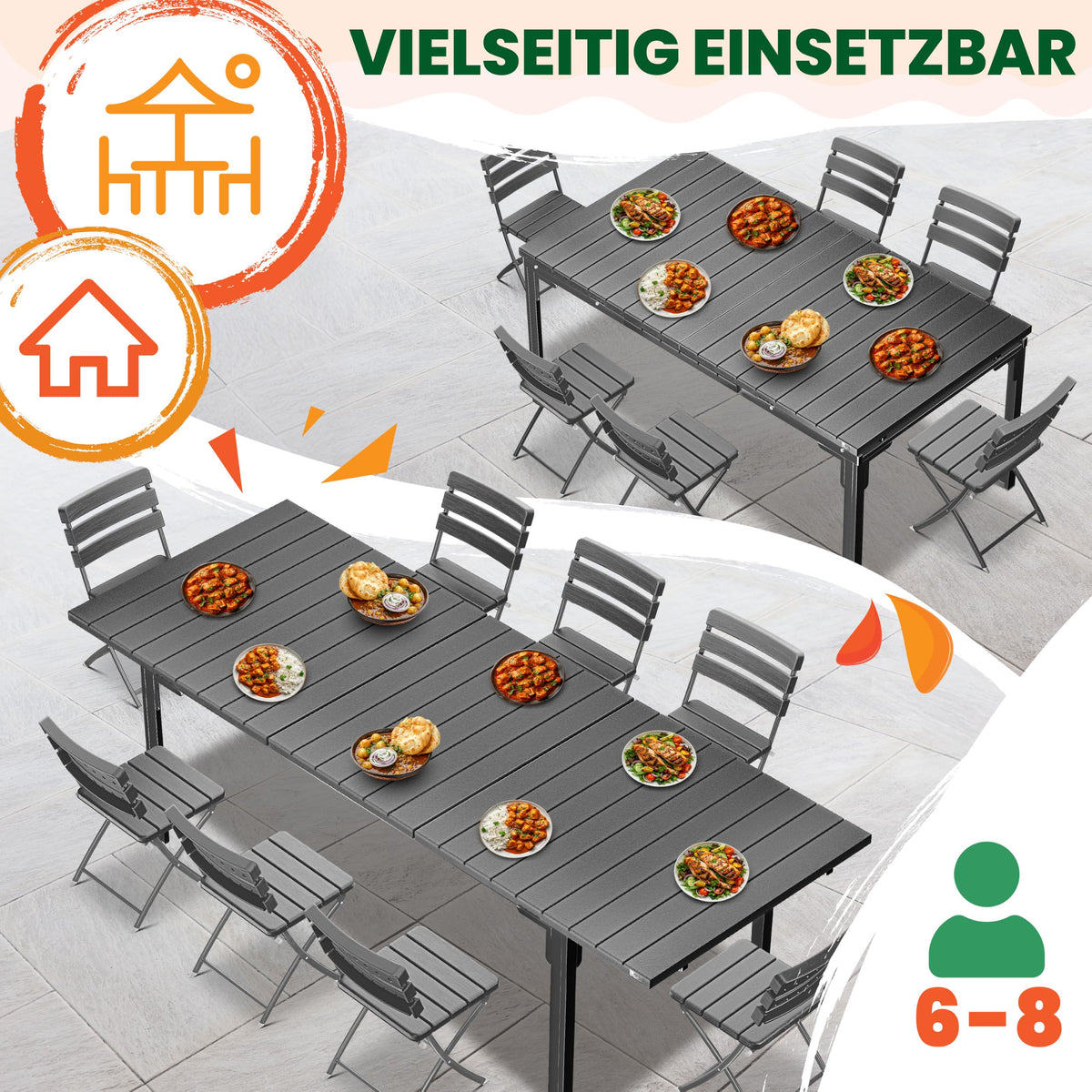 Ausziehbarer Gartentisch 180 bis 240 x 90 cm für 6 bis 8 Personen mit Stahlgestell und HDPE-Tischplatte