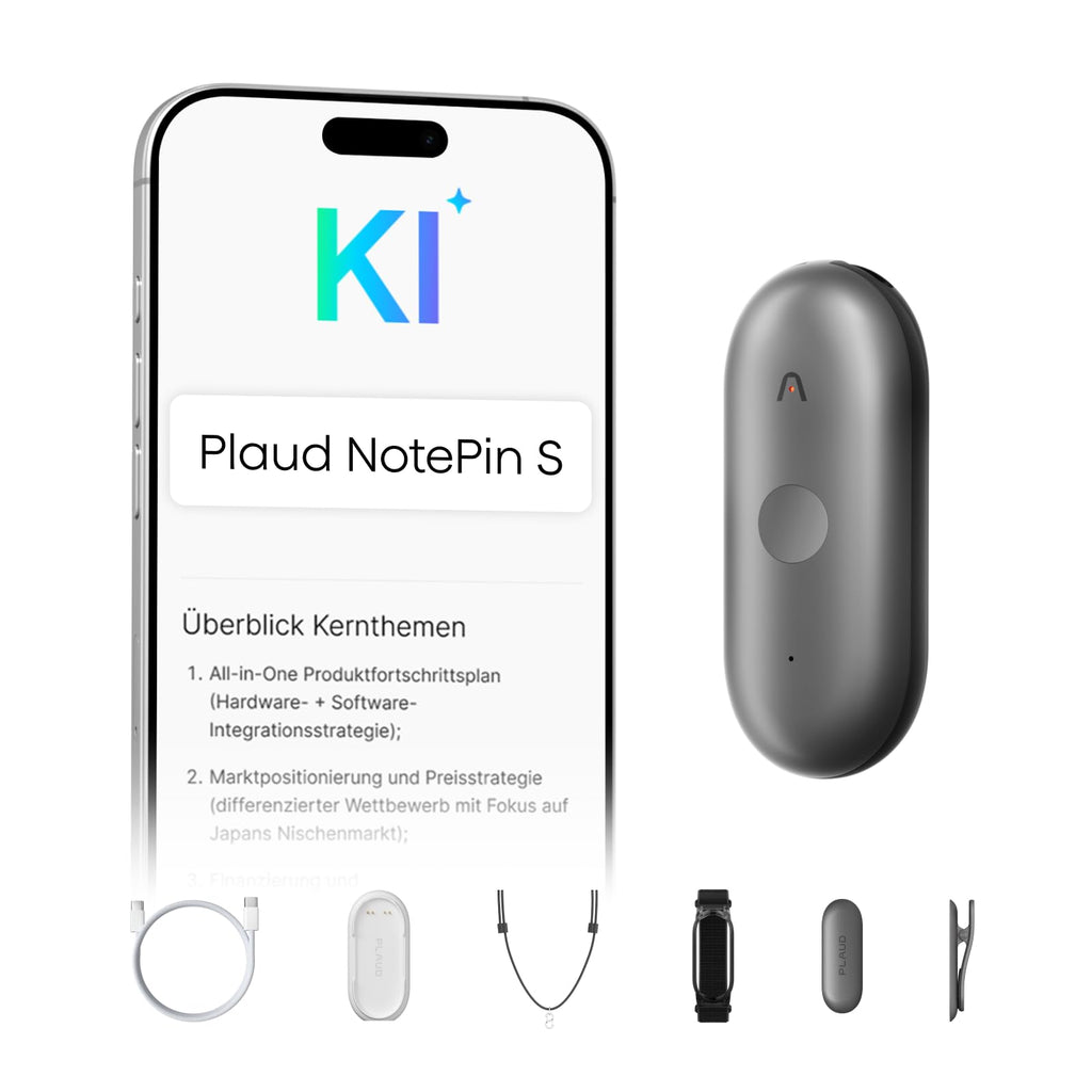 KI-Diktiergerät NotePin S 64 GB 20 Std. Aufnahme KI-Transkription 112 Sprachen 4 Tragevarianten mit USB-C-Ladestation