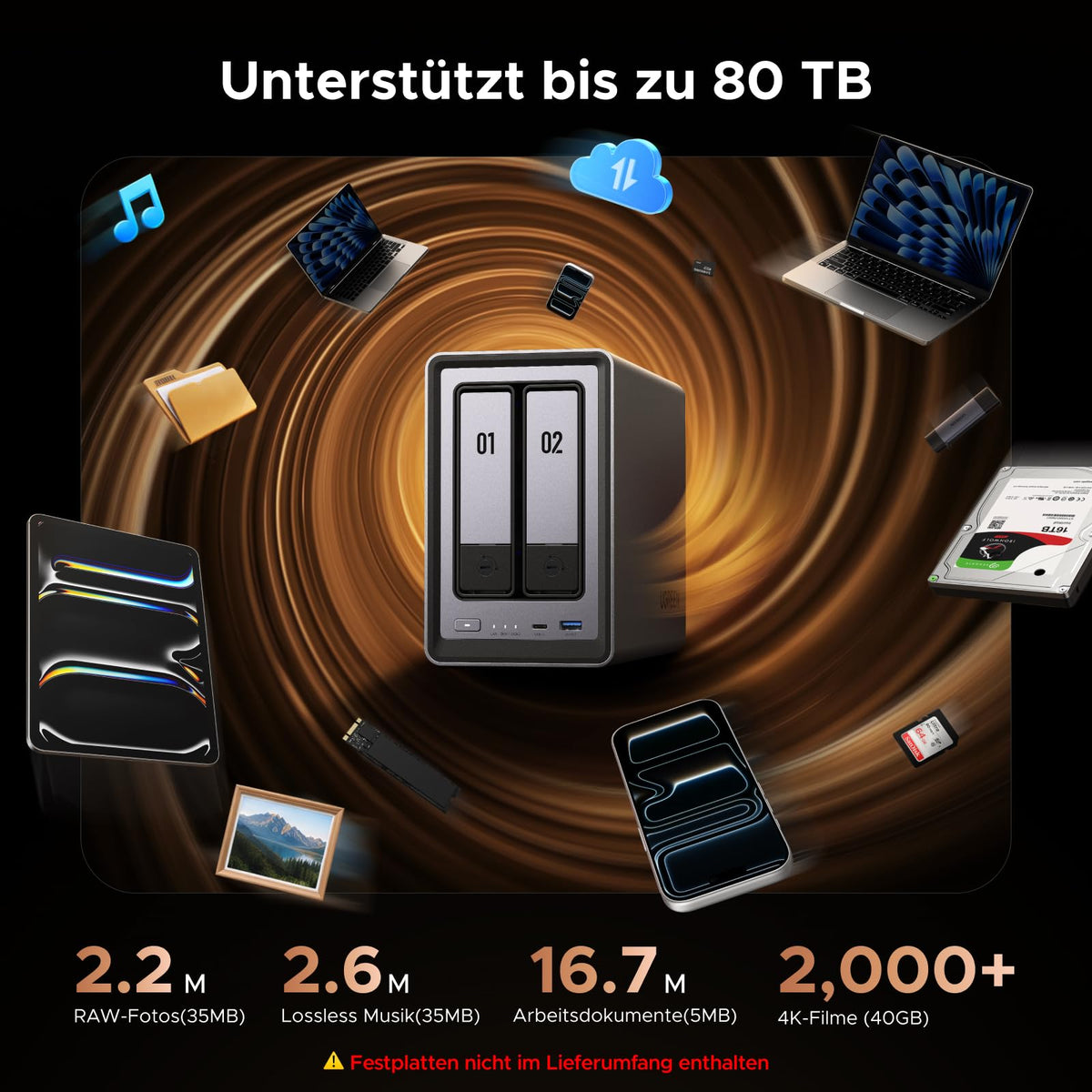 2-Bay NAS DXP2800 Intel N100 8 GB DDR5 2,5 GbE 2 M.2 NVMe Steckplätze bis 76 TB ohne Festplatten
