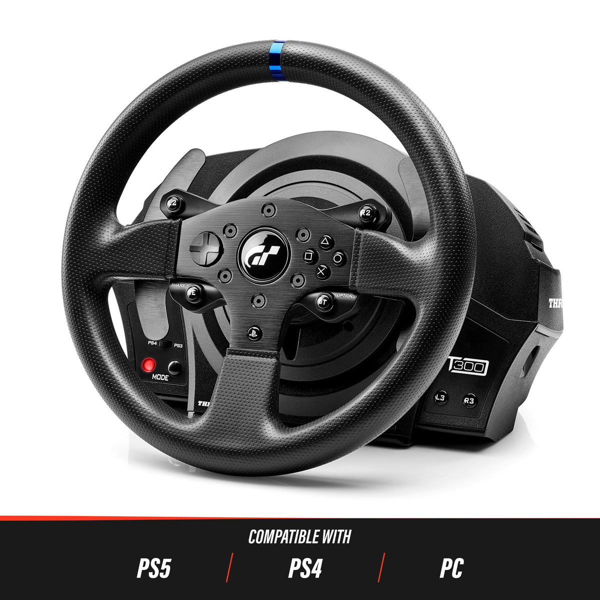 Force-Feedback-Rennlenkrad T300RS GT 28 cm mit 3 Metallpedalen Dual-Belt-Force-Feedback 16-Bit-Auflösung USB PS5 PS4 PC