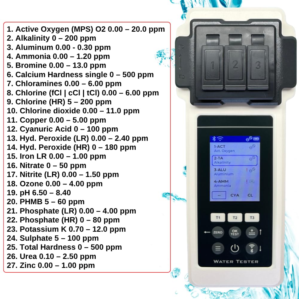 PoolLab 2.0 Wasseranalyse-Set mit Aufbewahrungskoffer und Wasserstandsausgleicher, 27 Parameter, WiFi und Bluetooth