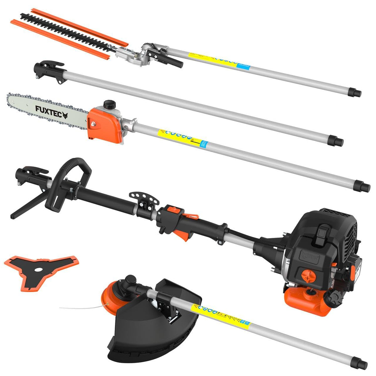 Benzin Motorsense 5in1 Multitool 52 ccm 3 PS mit Heckenschere, Hochentaster, Doppelfadenkopf und 3-Zahn-Messer