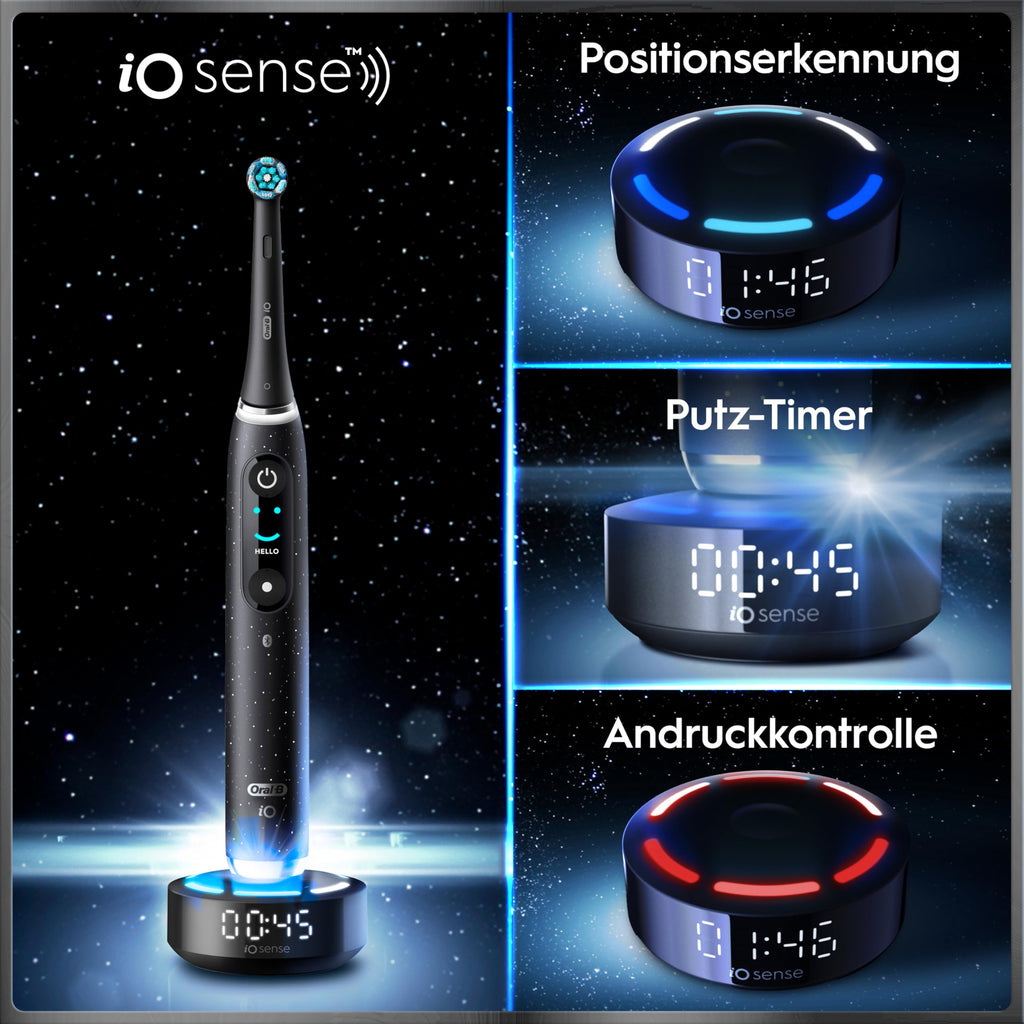Elektrische Zahnbürste iO Series 10 mit iO Sense Ladestation, 3 Aufsteckbürsten, Lade-Reise-Etui und 7 Putzmodi in Cosmic Black