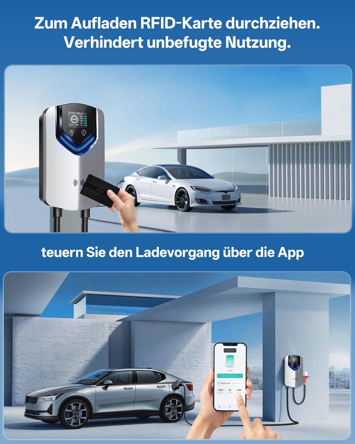 Wallbox 11 kW 400 V 3-phasig mit 8 m Typ-2-Kabel WLAN App-Steuerung RFID und einstellbarem Ladestrom 6–16 A