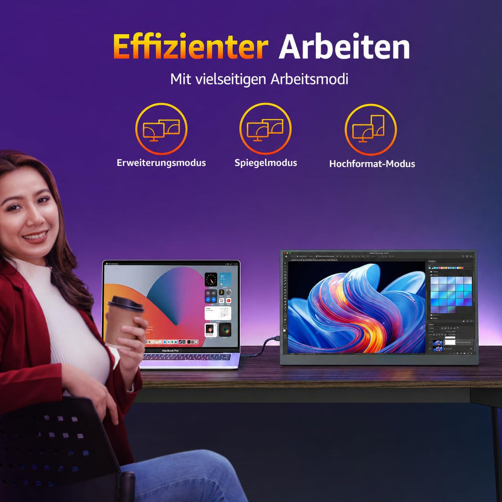 18,5 Zoll Tragbarer Monitor 1080P FHD IPS mit 100 Hz, 120 % sRGB, Lautsprechern, HDMI und USB-C für Laptop, MacBook, Surface, PC, Xbox, PS4/5