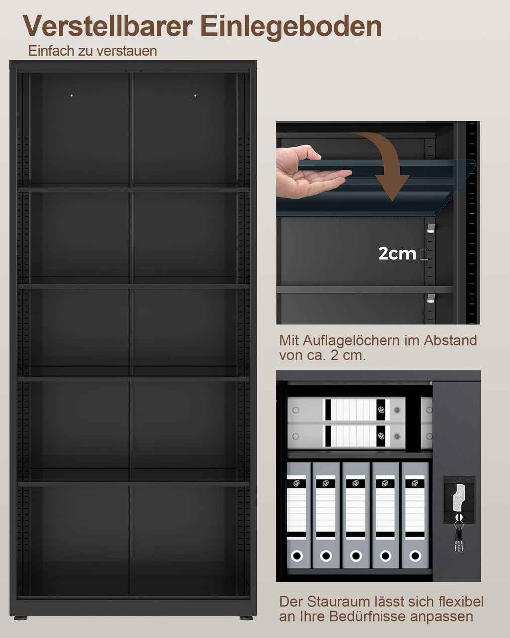 Stahlschrank mit Schloss, 5 Ebenen und verstellbaren Einlegeböden, 80x40x181,5 cm, schwarz