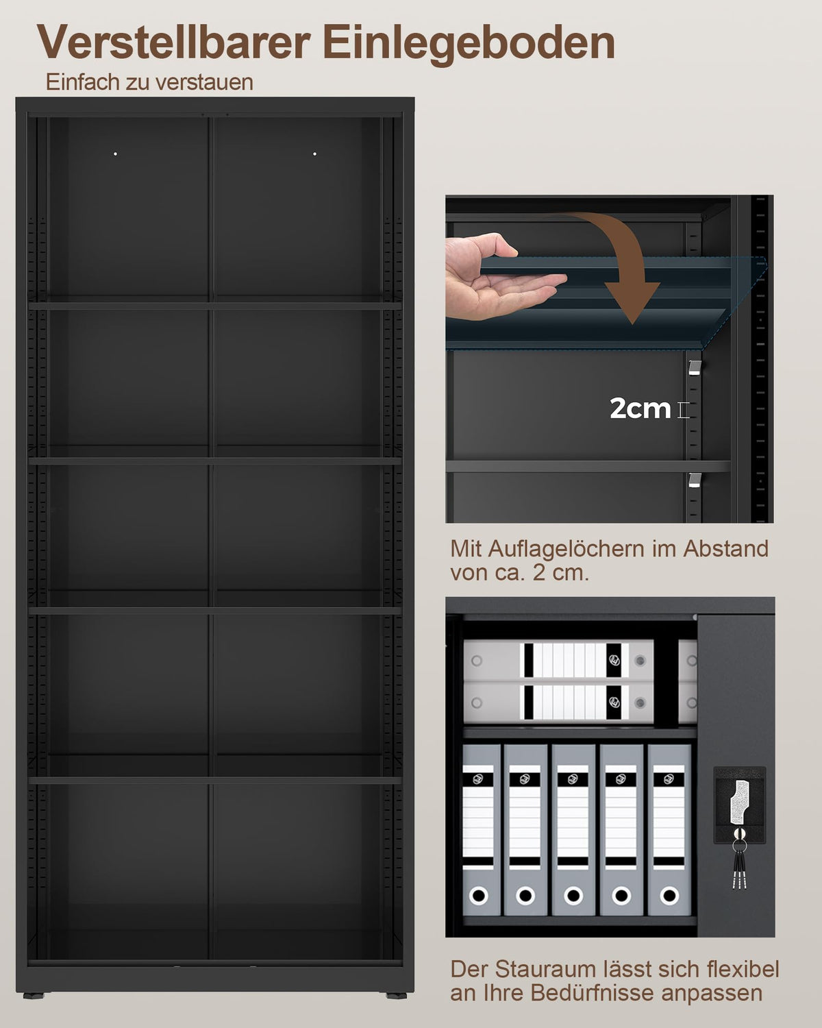 Stahlschrank mit Schloss, 5 Ebenen und verstellbaren Einlegeböden, 80x40x181,5 cm, schwarz