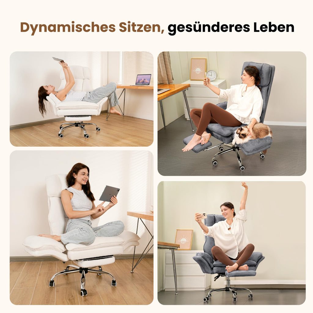 Bürostuhl mit Fußstütze und 135° verstellbarer Rückenlehne, Home Office, Teddy-Stoff