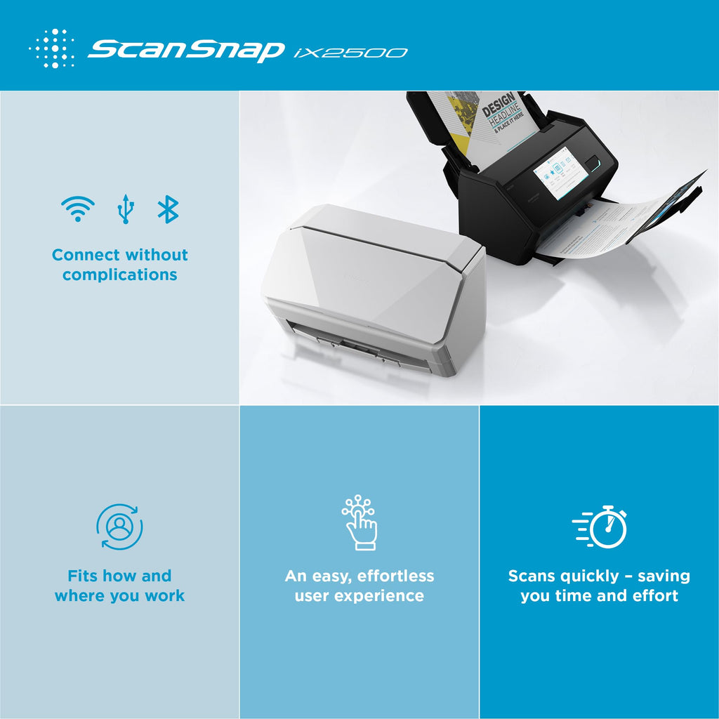 Dokumentenscanner iX2500 A4 mit Duplex-Scan, 45 Seiten pro Minute und 100-Blatt-ADF, 600 dpi, 5-Zoll-Touchscreen, WLAN, Bluetooth und USB 3.2