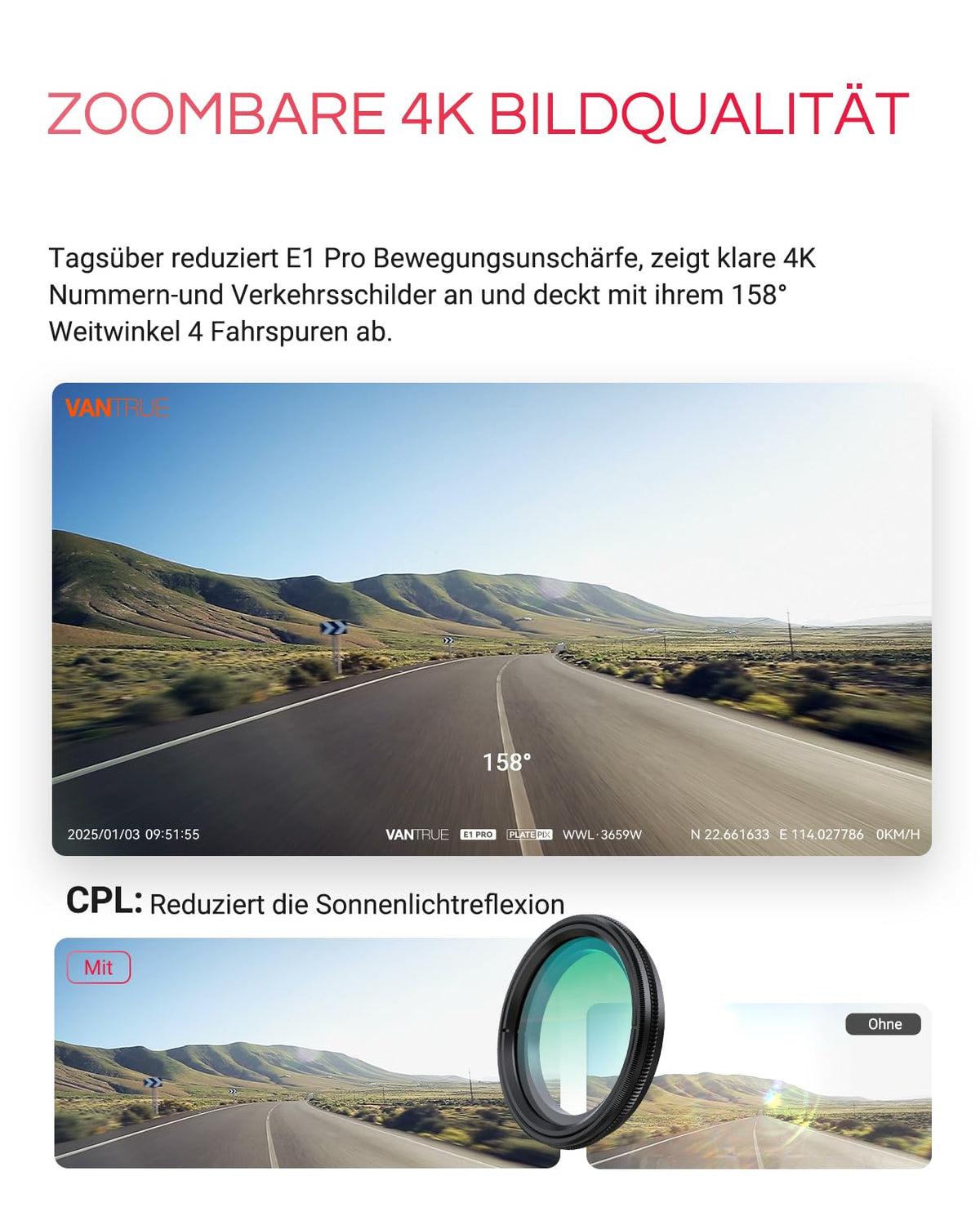 4K HDR Dashcam Auto vorne mit CPL, STARVIS 2 Mini Dash Cam, 158° Weitwinkel, WLAN und GPS