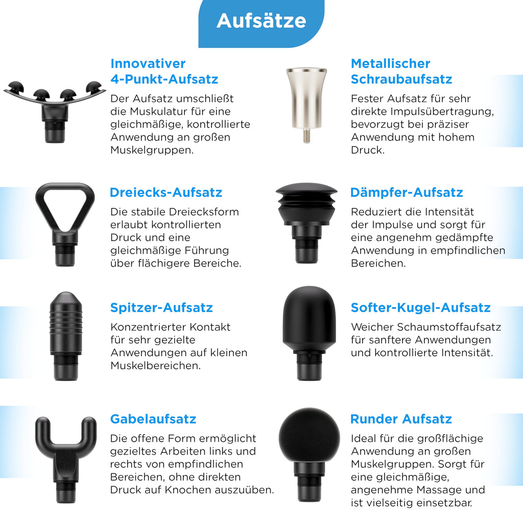 Massagepistole mit variabler Amplitude 8–12 mm und interaktiver App, 8 Aufsätzen und 4000 mAh Akku