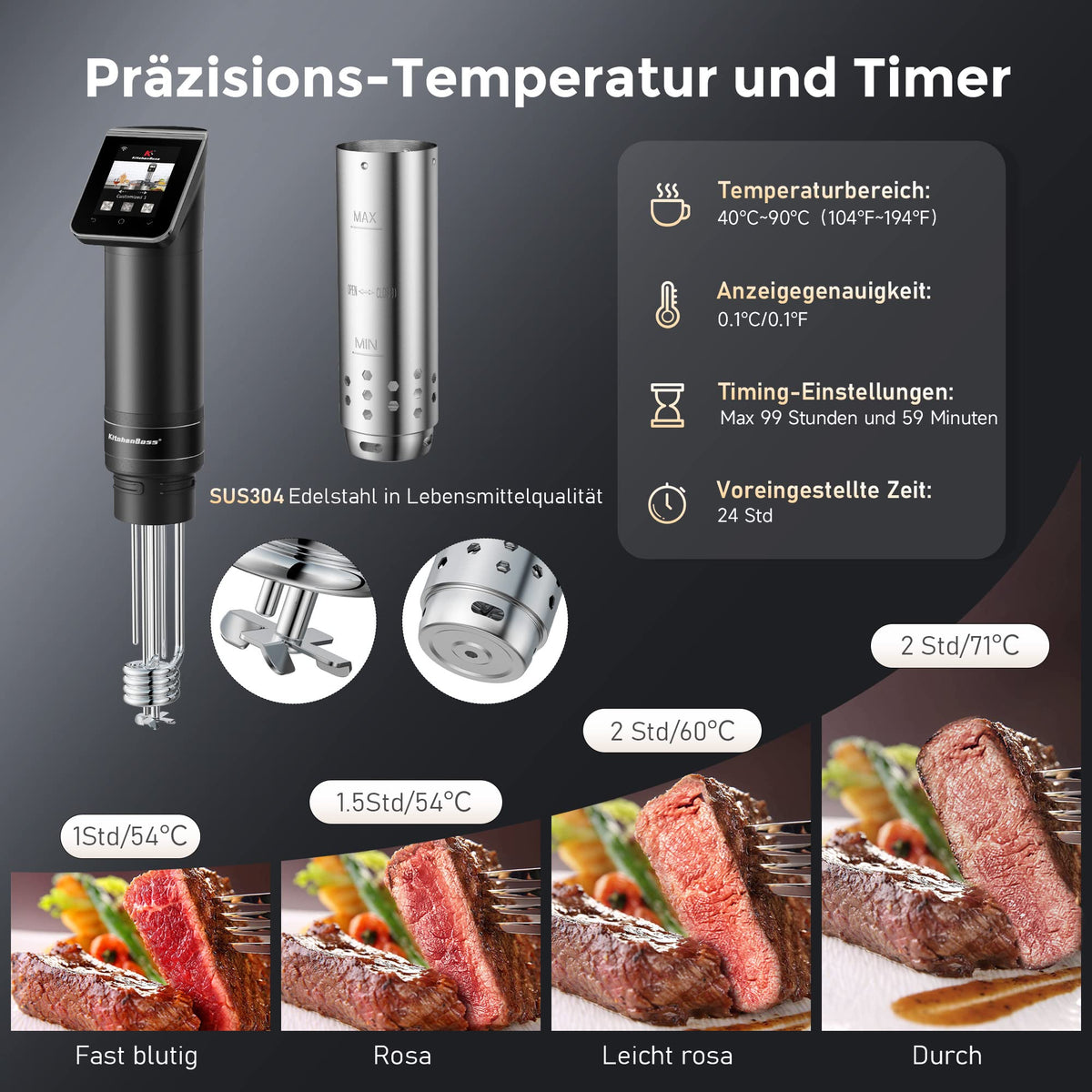 Sous Vide Garer Stick G330 mit WLAN, Präzisionskocher bis 90 °C, IPX7 wasserdicht, 1100 W, TFT-Touchdisplay und Timer