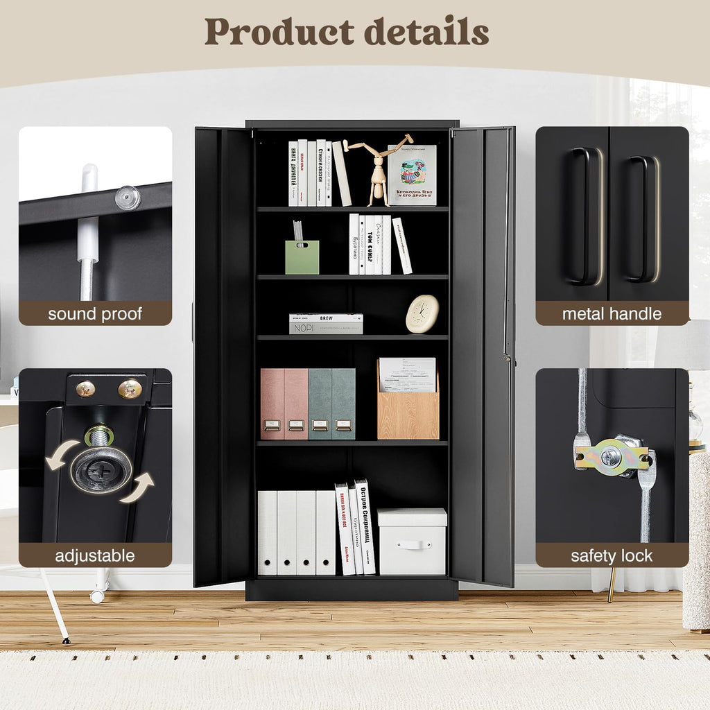 Aktenschrank abschließbar mit 2 Türen und 4 verstellbaren Einlegeböden, Stahlschrank 170x78x39 cm in Schwarz