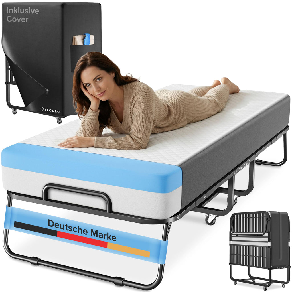 Klappbett 80x200 cm mit Memory-Schaum-Matratze, Gästebett bis 250 kg belastbar, Metallrahmen und Transportrollen inkl. Schutzhülle