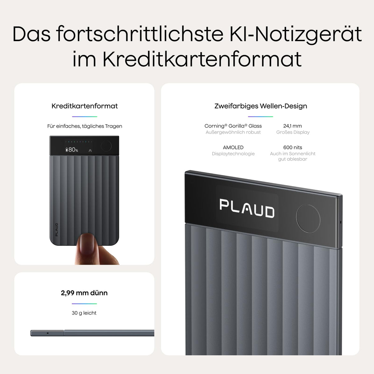 KI-Diktiergerät Note Pro 64 GB 50 Std. Akkulaufzeit 4 MEMS- und 1 VPU-Mikrofon mit KI-Beamforming Magnet-Case und Ladekabel