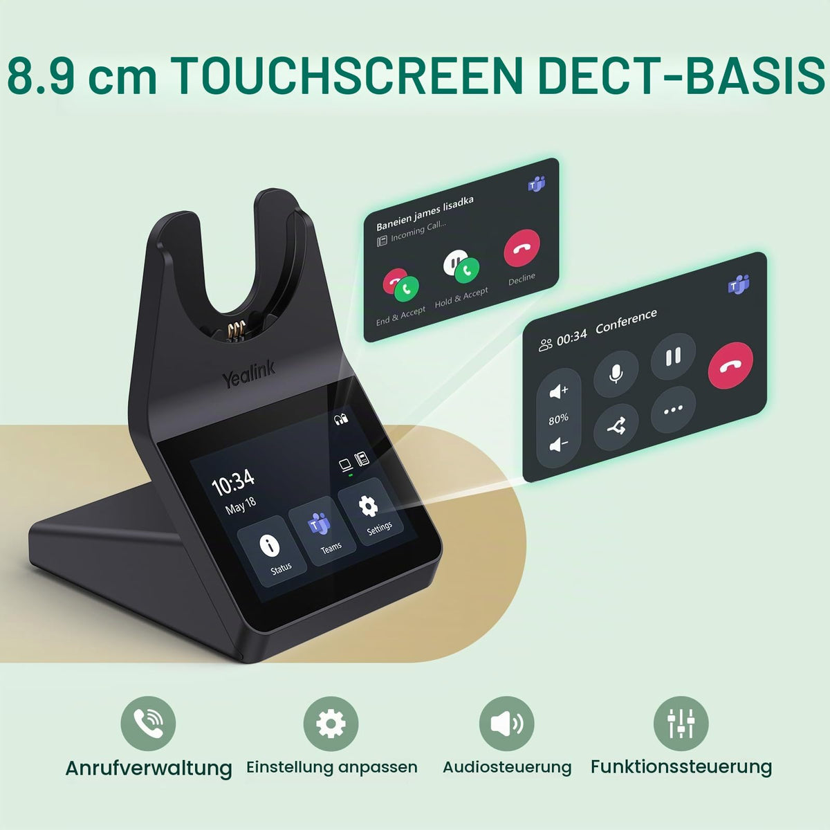 Kabelloses DECT-Büro-Headset WH64 Pro mit 3,5-Zoll-Touchscreen-Basisstation und Bluetooth