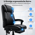 Ergonomischer Bürostuhl mit Massage- und Heizfunktion, schwarzer Chefsessel bis 200 kg mit Fußstütze und 135° neigbarer Rückenlehne