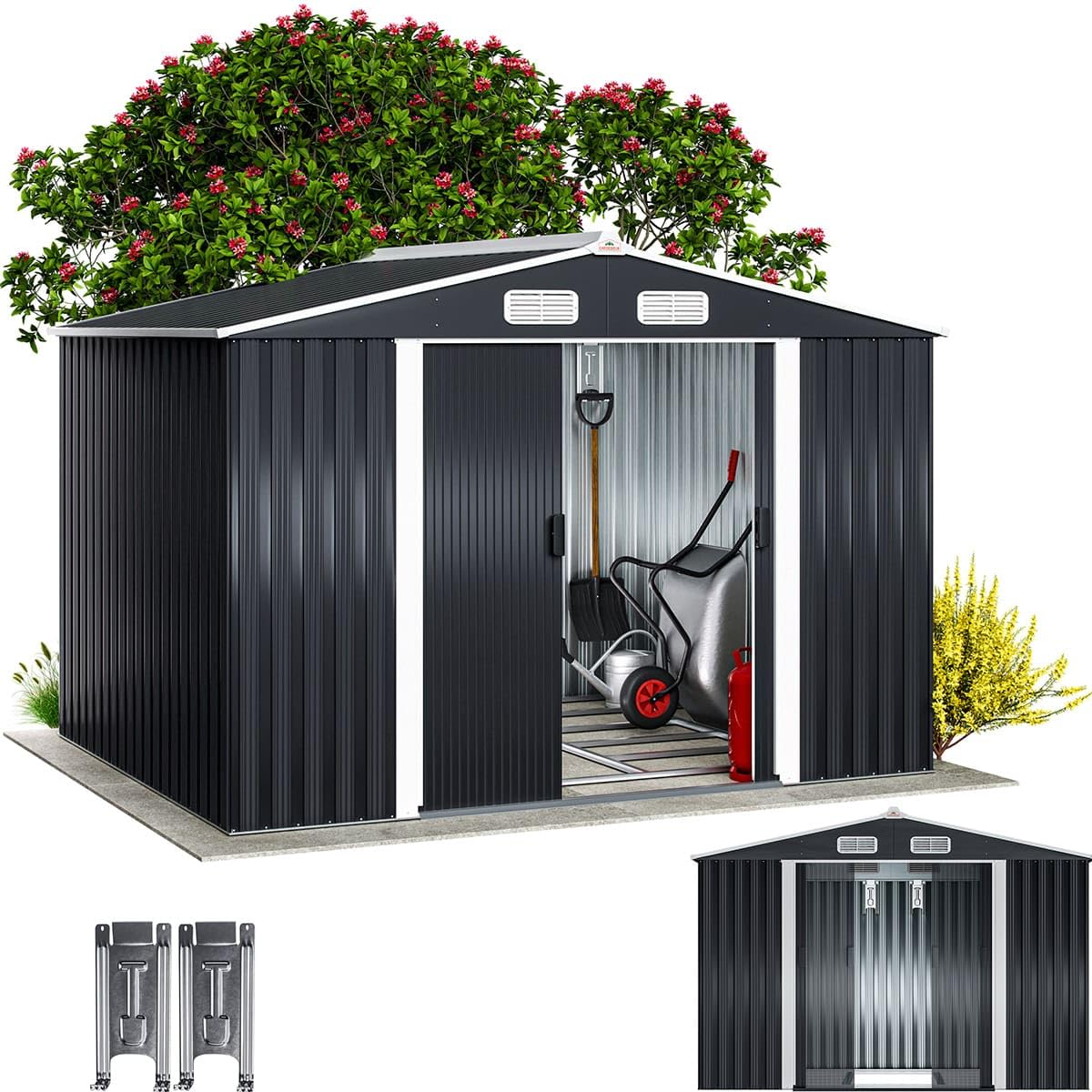 Metall Gerätehaus 260 x 205 x 180 cm mit Fundament Satteldach Schiebetür Belüftungsöffnungen 4 Haken