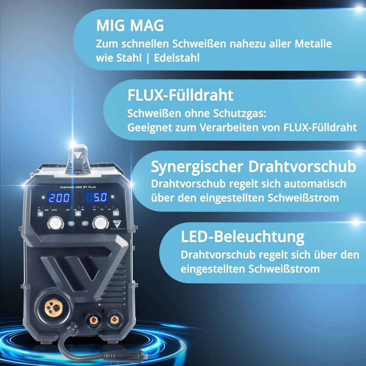 Schutzgasschweißgerät MIG/MAG 200 ST IGBT-Inverter mit 200 A, voll-synergisch für MIG/MAG, FLUX, Lift-TIG und MMA