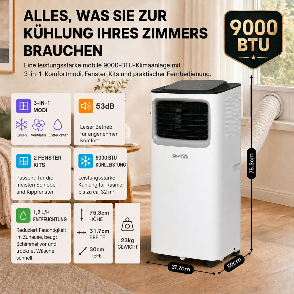 Mobile Klimaanlage 9000 BTU mit Luftentfeuchter und Ventilator, 3-in-1 Klimagerät für Räume bis 20 m², mit Abluftschlauch, Schiebefenster-Adapter