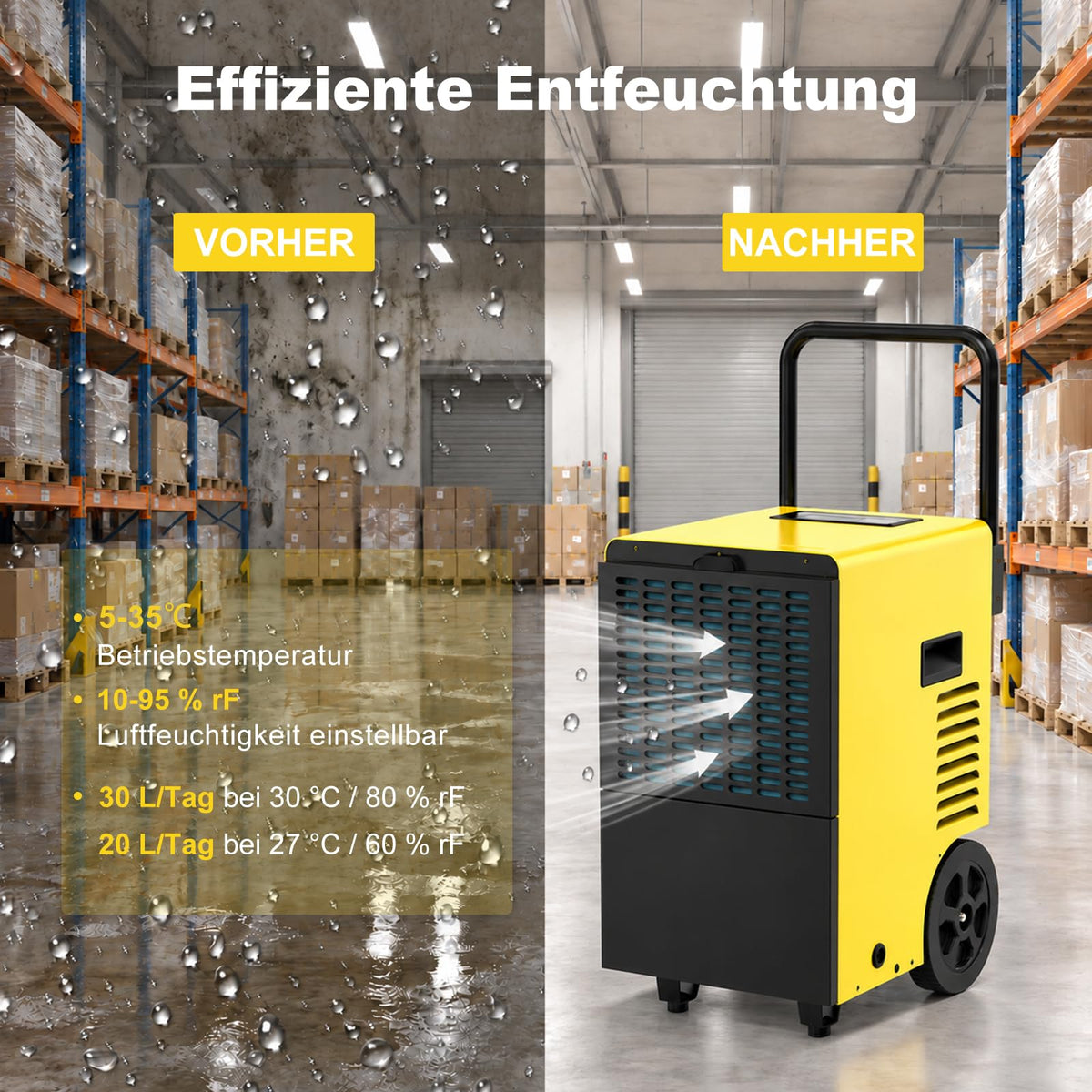 Bautrockner Luftentfeuchter 30 L pro Tag 7 L Wassertank Keller Baustelle bis 90 m² LED-Display Timer Abtauautomatik