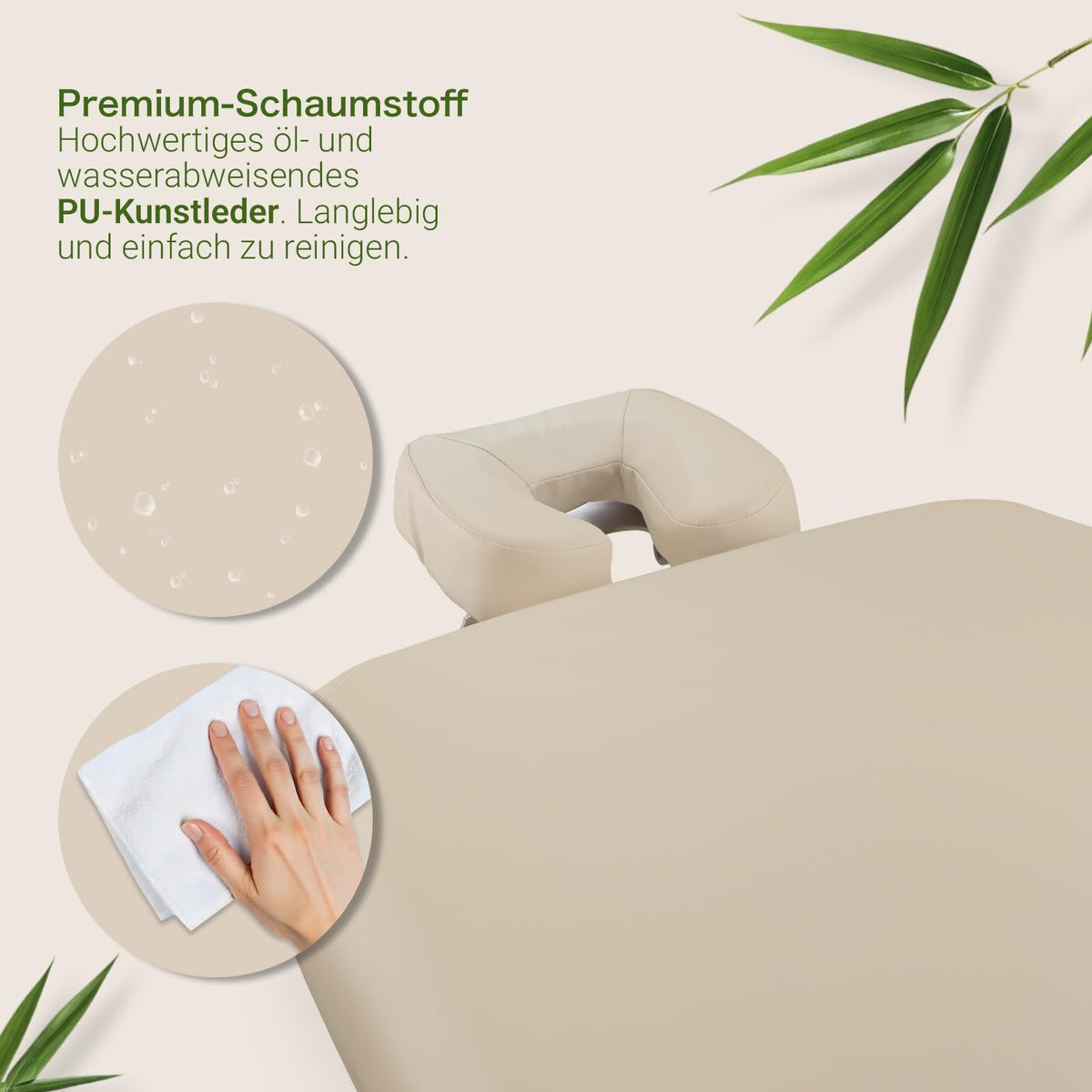 Mobile Massageliege klappbar und höhenverstellbar, extra breit 71 cm, aus Vollholz mit Kopfstütze, Armlehne und Zubehör, Creme