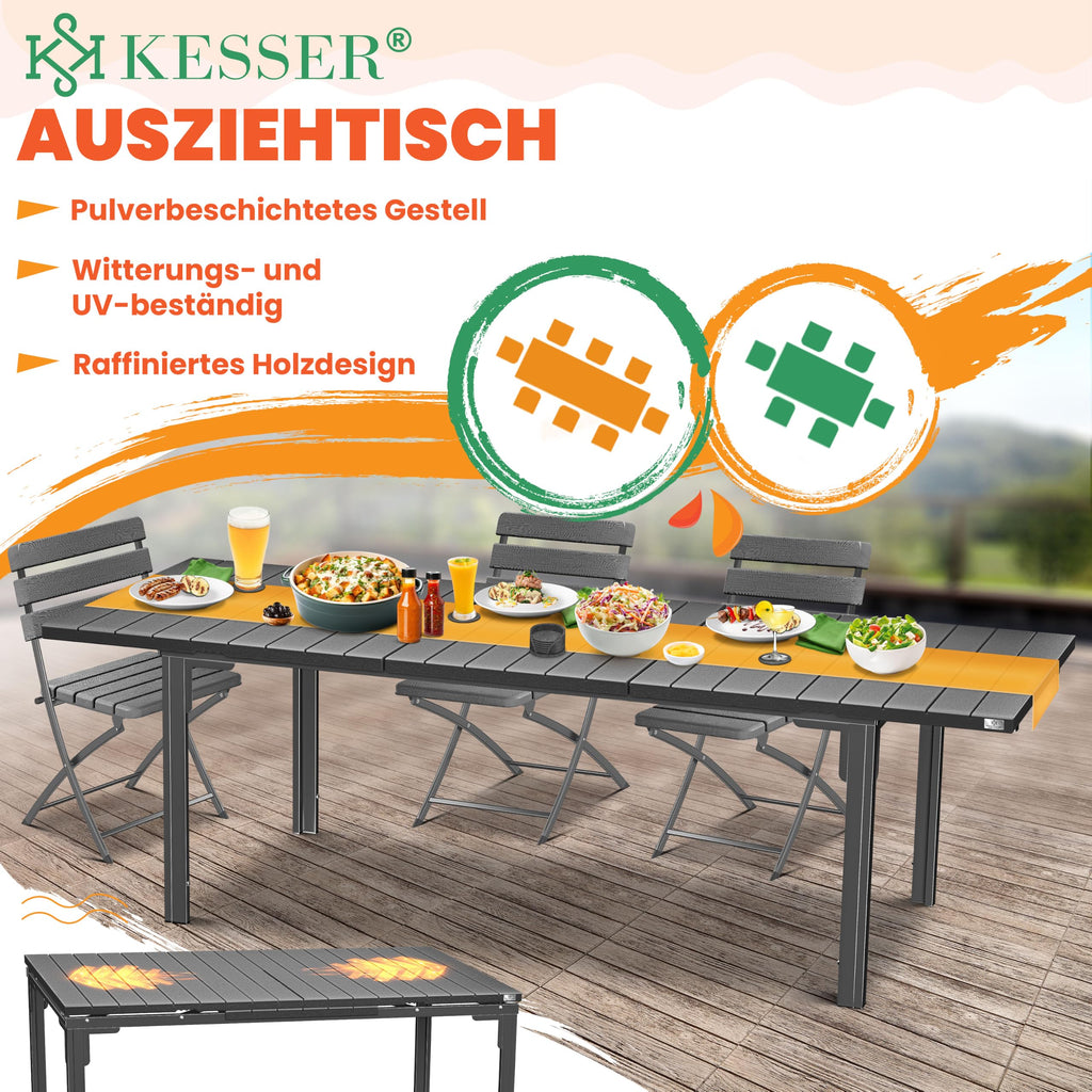 Ausziehbarer Gartentisch 180 bis 240 x 90 cm für 6 bis 8 Personen mit Stahlgestell und HDPE-Tischplatte