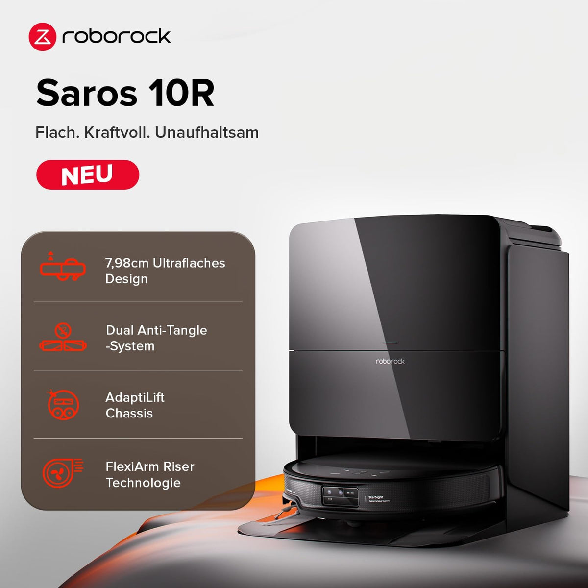 Saugroboter mit Wischfunktion Saros 10R Set, 7,98 cm ultraflach, Zero-Tangle-System und 10-in-1-Dockingstation