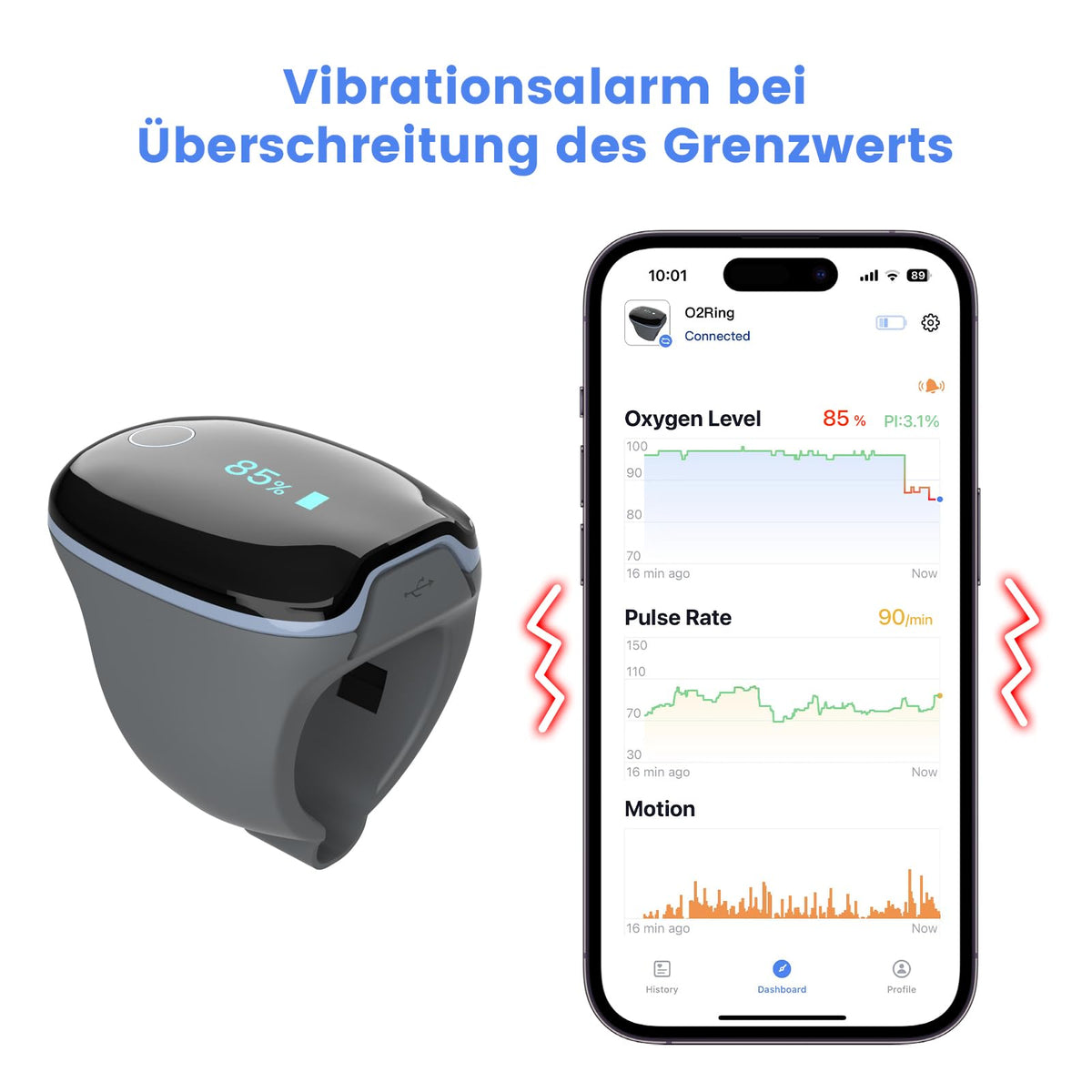 Ring-Pulsoximeter O2Ring mit Alarm und Bluetooth für kontinuierliche SpO2- und Herzfrequenzüberwachung, inkl. App und Berichte