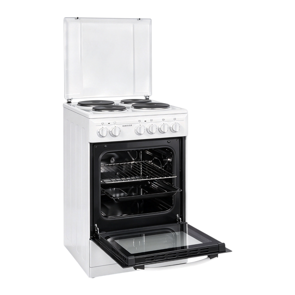 Freistehender Elektroherd EH9-3-090weiss, 50 cm breit, 48 l Backofen mit 4 Kochplatten und Energieklasse A, inkl. Grillrost und Backblech
