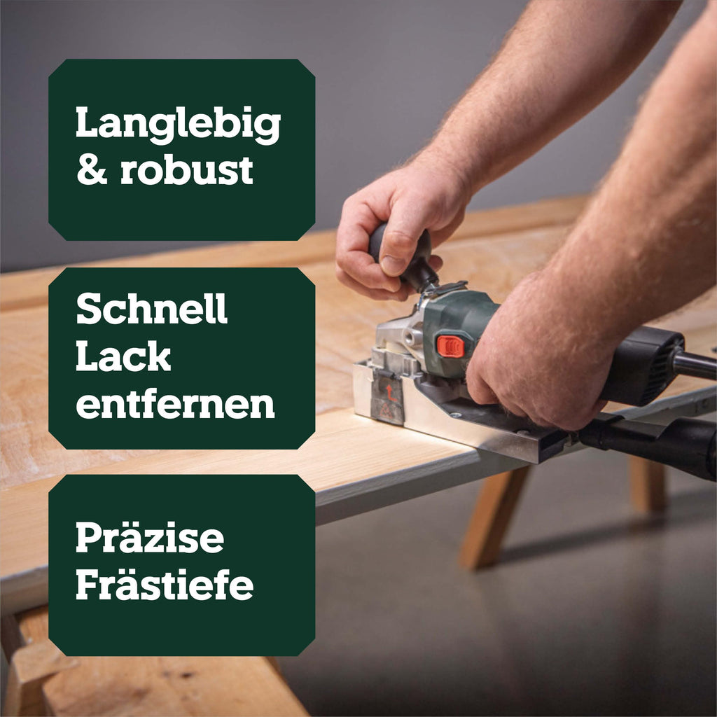 Lackfräse zum Entfernen von Farben und Lacken, 850 W, 4 m Kabel, mit 4 Hartmetallklingen und metaBOX 145