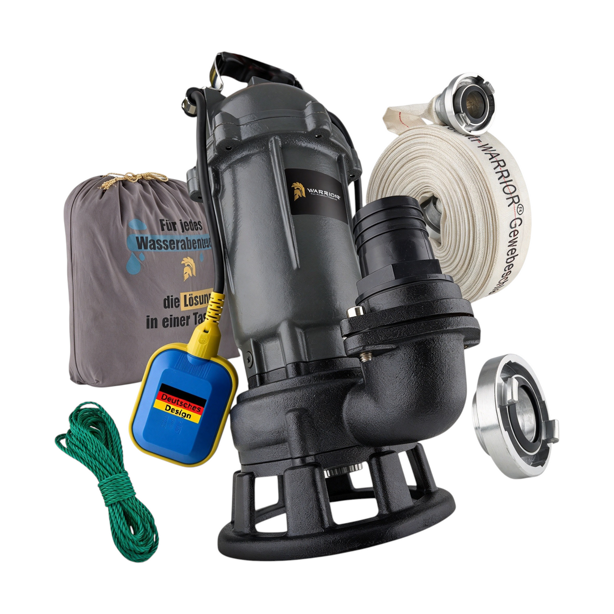 Fäkalienpumpe 1500W mit HydroVortex X7 Schneidwerk und 20 m 2"""" Gewebeschlauch, inkl. Tragetasche