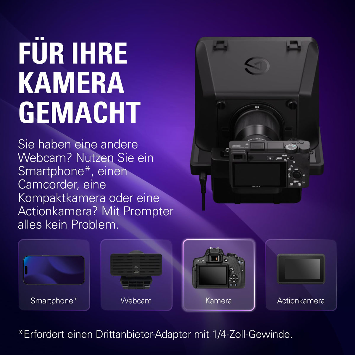 Teleprompter mit integriertem 9-Zoll-Display, 1024 x 600 px, USB-C, für Kameras mit Adapterringen 49-82 mm