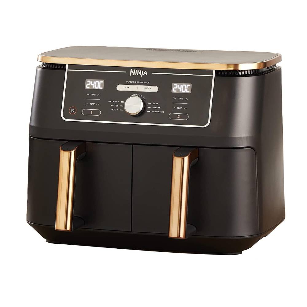 Heißluftfritteuse 9,5 L mit 2 Fächern und 6-in-1-Funktionen Dual Zone Airfryer mit Silikonzange Antihaftbeschichtung