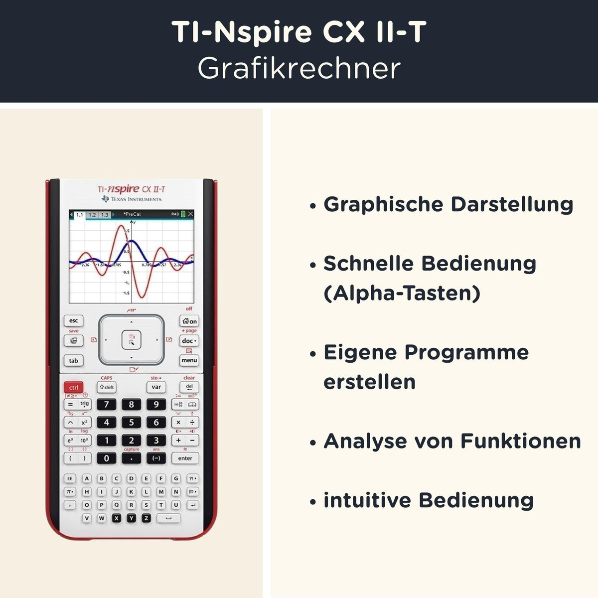 Grafikrechner TI-Nspire CX II-T mit Schutztasche in Schwarz, batteriebetrieben mit Farbdisplay